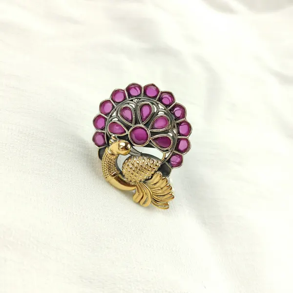 Peacock cocktail ring with pink kundan stones