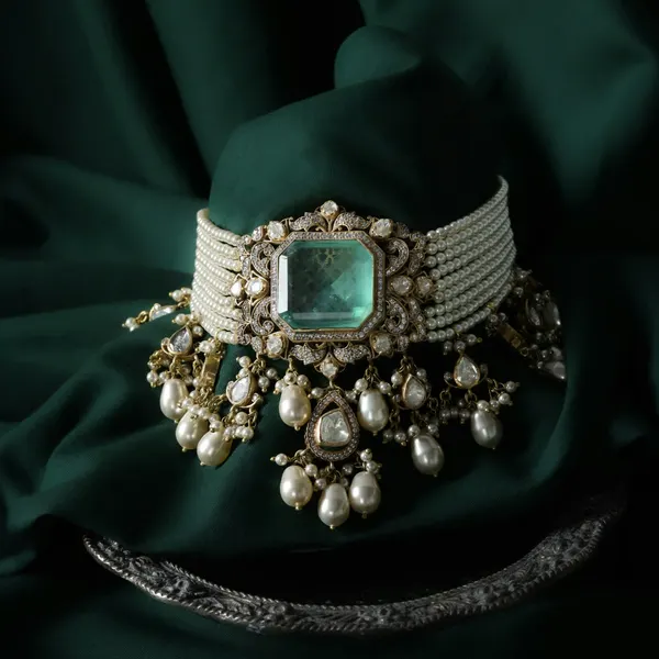 Layered pearl choker with a green stone centrepiece